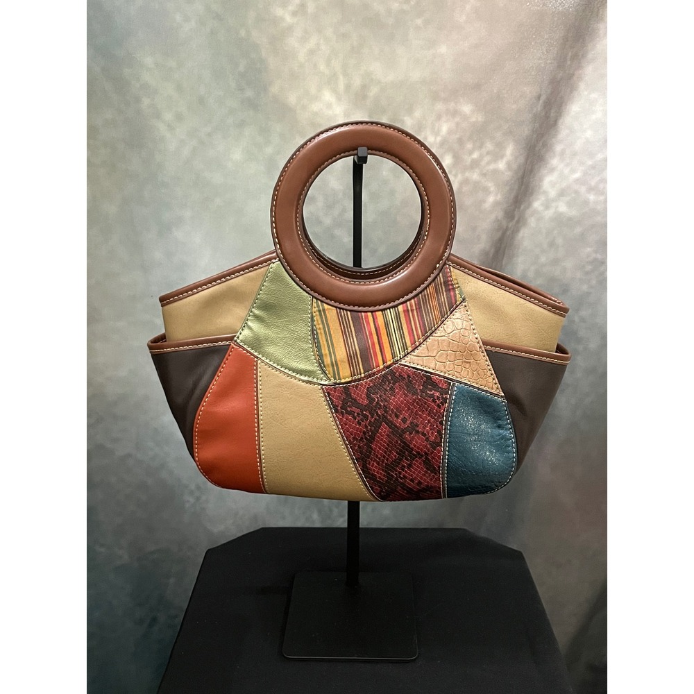 Relic by Fossil Multi-Color Patchwork Handbag Brown Faux Leather Satchel Bag